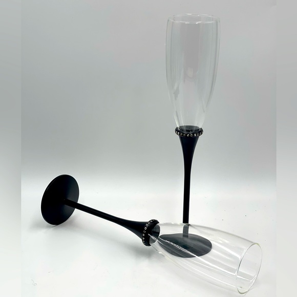 Set of 2 - Deco Glam Glass Champagne Flutes with Black Metal Stem & Rhinestones - Picture 3 of 14